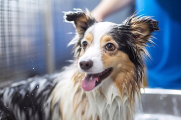 Groomer washing dog in the shower, pets care and grooming