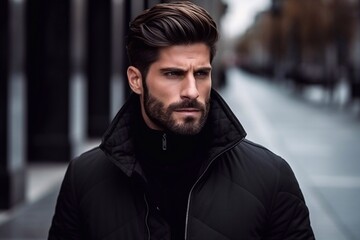 Stylish and handsome man fashionable hairstyle black jacket luxury