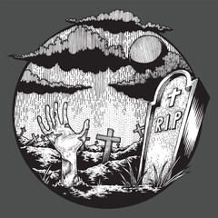 Creepy Zombie Hand in Graveyard , Halloween Theme Illustration, Isolated Vector, Hand Drawn Sketch