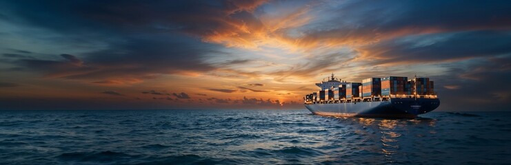 Large cargo vessel at sea during sunset, representing transportation logistics and services to customers in the supply chain, website header, copy space. Generative AI - obrazy, fototapety, plakaty