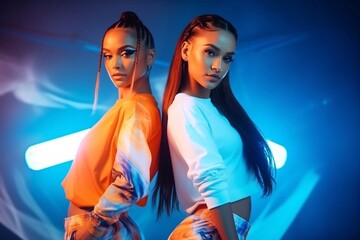Portrait of two young beautiful hip-hop female dancers in modern clothes on colorful gradient blue orange at dance hall in neon. Youth culture, movement, active lifestyle, action, street dance