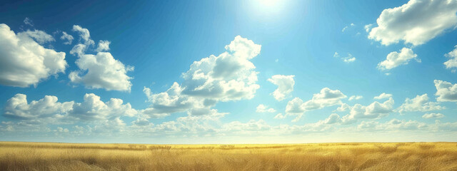 Golden wheat field sprawling under a sunny blue sky.
