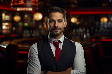Fototapeta premium Concept of casino games poker slots free spins chips cards dice players las vegas Generative AI picture