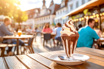 Eisbecher mit Schokolade im Hintergrund ein Cafe  - obrazy, fototapety, plakaty