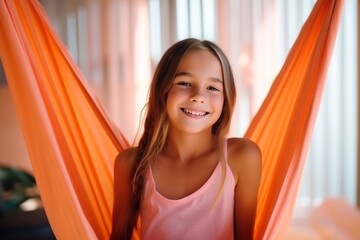 
Young smiling girl practice in aero stretching swing in hammock in fitness club. kids Aerial flying yoga exercises - obrazy, fototapety, plakaty