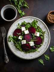 Roasted beet and goat cheese salad with arugula and balsamic vinaigrette.