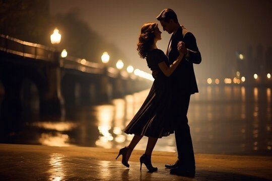 
young couple dancing tango on the river embankment at night - Powered by Adobe