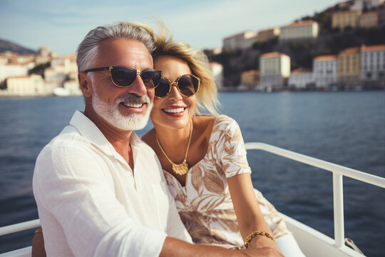AI generated picture of romantic vacation beautiful young couple relaxing on a luxury yacht in open sea