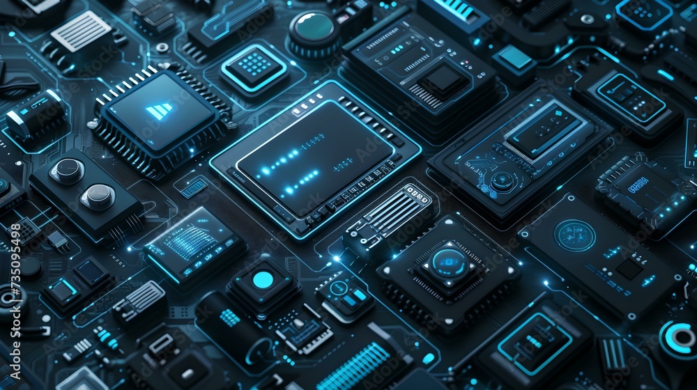 Poster close-up of an advanced circuit board. futuristic technology in a sleek design. ideal for tech-theme