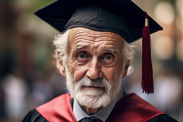 AI generated picture of happy old aged mature person graduating from university
