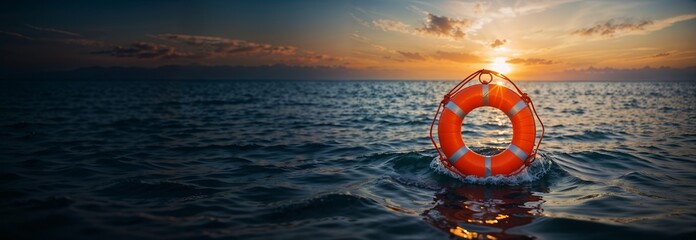 Lifebuoy drifting on the sea, symbol of safety and security, metaphor for overcoming adversity, concept of finding refuge in troubled times, website header, copy space. Generative AI - obrazy, fototapety, plakaty