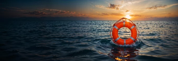 Foto op Plexiglas Lifebuoy drifting on the sea, symbol of safety and security, metaphor for overcoming adversity, concept of finding refuge in troubled times, website header, copy space. Generative AI ©  DigitalMerchant