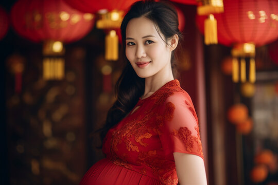 Ai generated picture of japanese charming pregnant woman dressed red traditional dress