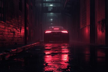 Escape car. Midnight road or alley with a car driving away in the distance. Wet hazy asphalt road or alley. crime, midnight activity concept.