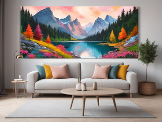 Pop art interior design of modern living room with colorful upholstered mid-century furniture