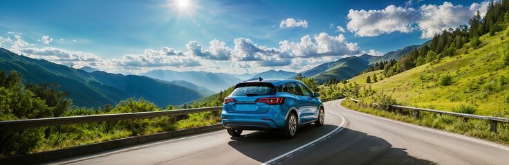 Naklejka premium Electric car driving through scenic nature, eco-friendly technology, green energy, nature-technology synergy, website header, copy space. Generative AI