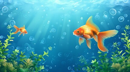 Beautiful goldfish swimming in vibrant underwater scene. ideal for children's book illustration. serene and playful aquatic life. AI