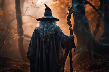 Generative AI picture of old man halloween fairytale character in fantasy mysterious forest - obrazy, fototapety, plakaty