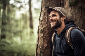 Generative AI photo of wanderlust climbing in the mountains through dense exotic forest