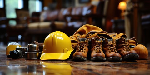 Safety gear including a yellow helmet, boots, and protective glasses on a polished wooden floor