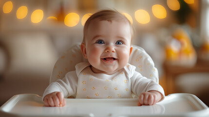 Cute little baby girl with blue eyes sitting in highchair at home