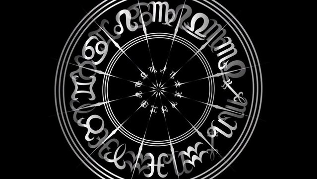 Animated Round Frame with Zodiac Sign. Black and White Horoscope Symbol. Geometric Abstract Rotating Texture in Perspective. Loop Seamless Stock Footage. 3D Graphic