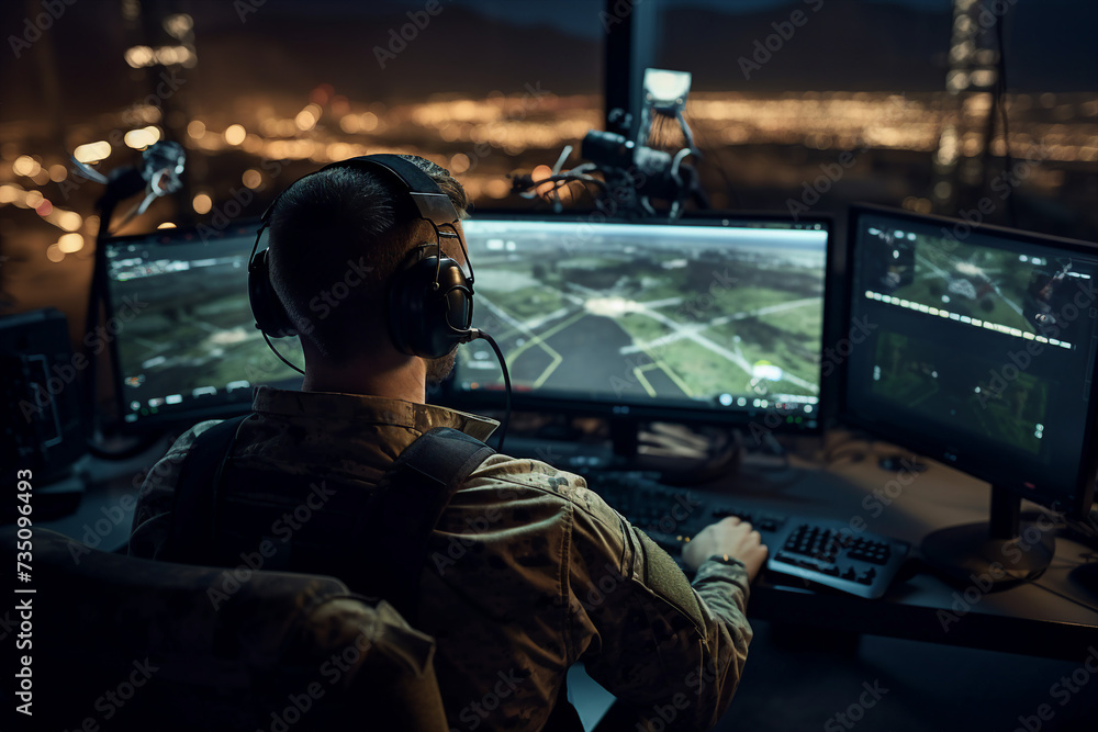 Poster ai generated portrait of military checking and working on computer for surveillance tracking drone o