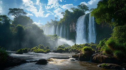 Majestic waterfalls surrounded by lush forest. ideal for landscape design and travel themes. tranquil scenery captured in vibrant nature style. AI