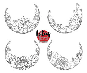 Lotus Flower Floral Frame Set, Botanical IIllustration, Isolated Vector