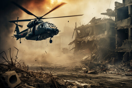 Generative AI image of helicopter landing and special forces soldiers fighting in a battle field