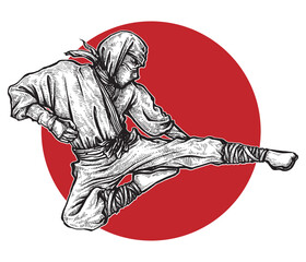 Ninja Warrior kicking pose, hand drawn illustration vector