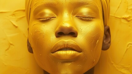 woman model's face covered with a layer of gold paint on a yellow background, Golden Rule Day concept