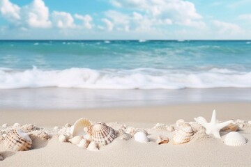 Fototapeta na wymiar Sandy beach, ocean waves, shells. Tropical background with white sand and ocean foam. Travel and vacation concept. Generative AI