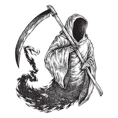 The Grim Reaper Holding Scythe, Hand Drawn Illustration Vector