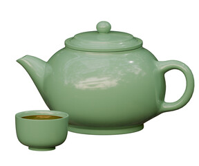 drink set white and green teapot and tea in a cup. 3d render and 3d element No AI