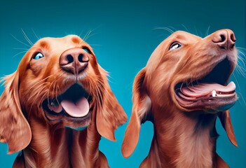 Banner two smiling dogs with happy expression. and closed eyes. Isolated on blue colored background. Generative AI
