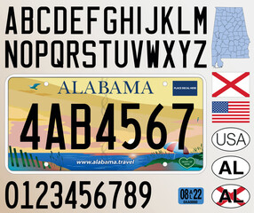 Alabama car license plate pattern, letters, numbers and symbols, vector illustration, USA - obrazy, fototapety, plakaty