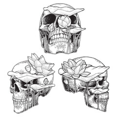 Set of Human Skull Hand Drawn Illustration Vector
