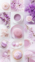 Aesthetic social media flat lay. Pastel violet colour palette. Food theme collage. Generative AI