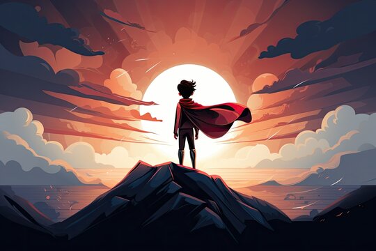 hero child with cape stand on a cliff illustration