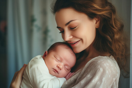Photo of pure love charming mum holding on hands her sleeping infant newborn baby generative ai