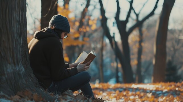 Serene Park Oasis: Person Lost in Book Under Tree AI Generated