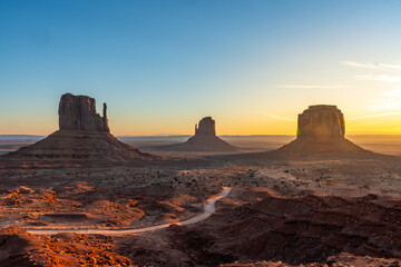 Panoramic at the beautiful sunrise in Monument Valley, Utah. United Stated