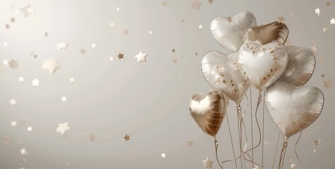 The image depicts a collection of metallic gold and silver heart-shaped balloons with a shimmering texture, gently bunched together against a soft, neutral-toned backdrop. The scene is enhanced by sca