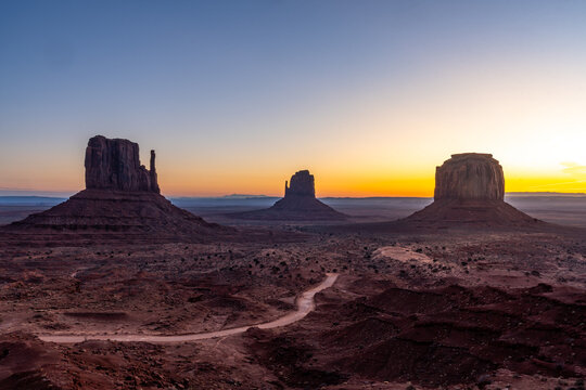 Panoramic at the beautiful sunrise in Monument Valley, Utah. United Stated