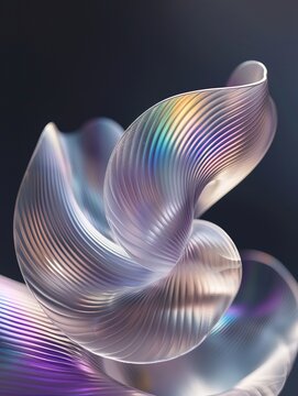 This image features a captivating abstract design with smooth, flowing forms that resemble the organic curves of shells or petals. The dominant colors transition through a spectrum of iridescent hues,