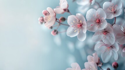 Obraz premium Delicate Cherry Blossoms with Soft Bokeh, Close-up of cherry blossoms in soft pink, with a dreamy bokeh effect on a gentle blue background.