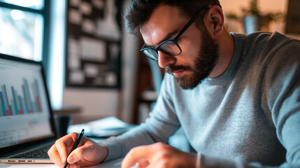 empresário de óculos, escrevendo em caderno no local de trabalho no escritório - obrazy, fototapety, plakaty