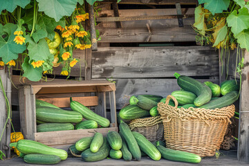 Rustic atmosphere with wooden crates full of fresh cucumbers