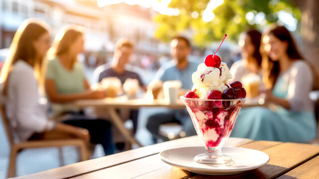 Eis mit Kirschen im Hintergrund ein Cafe 